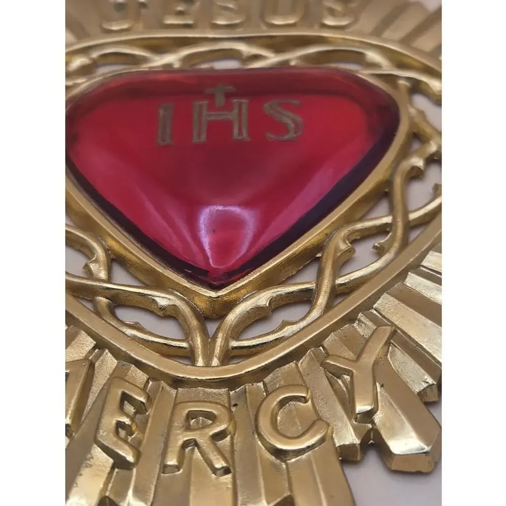 My Jesus Mercy IHS Plague Gold Plated Red Sacred